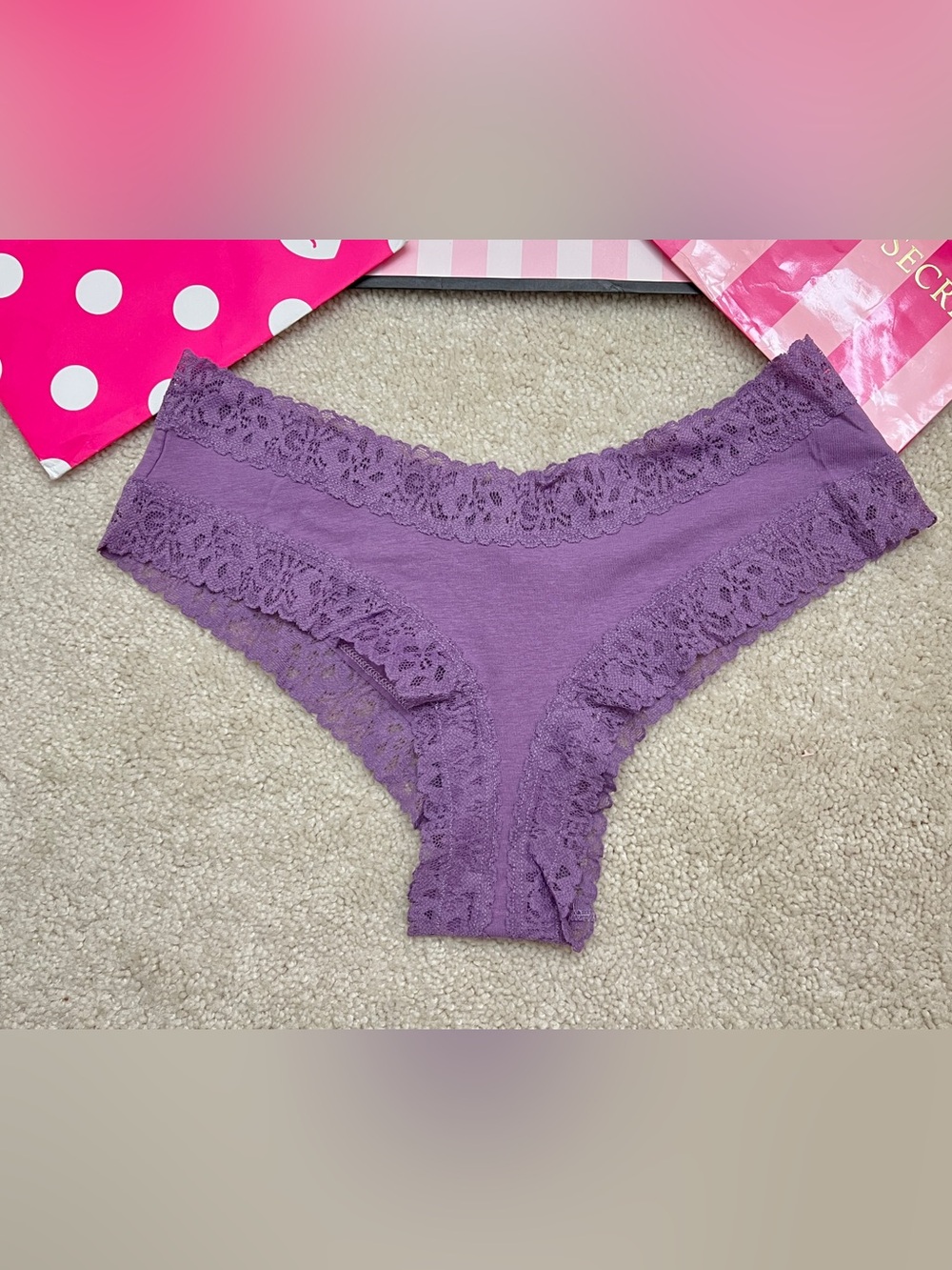 New Victoria’s Secret Purple Lace Trim Stretch Cotton Cheeky Panties VS Medium M